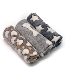1 Pack 3 Puppy Blankets Super Soft Warm Sleep Mat Grey Cute Print Fluffy Fleece Pet Flannel Throw Dog Blankets for Small Dogs Cats,Star&Bone&Love- Small (23x15)
