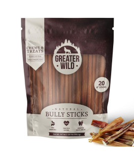 GREATER WILD Beef Bully Sticks Dog Treats, 20 Thick 6 Sticks - Single Ingredient, All Natural, Long Lasting Dog Chews for Large and Small Dogs - 100% Digestible
