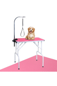 LEIBOU Pet Dog Grooming Table Foldable Grooming Table Heavy Duty Iron Frame with Arm & Noose for Dog Cat Pet Grooming (32'', Pink)