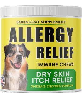 Pawfectchew Allergy Relief Dog chews wOmega 3 - Itchy Skin Relief - Seasonal Allergies - Pumpkin Enzymes - Anti-Itch Hot Spots Aid - Made in USA Immune Supplement - 120 ct