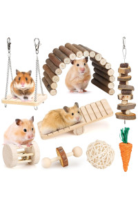 Hamster Chew Toys Set Small Animal Molar Toys Teeth Care Wooden Accessories for Guinea Pigs,Chinchillas,Gerbils,Mice,Rats,Mouse Rodents Toy Swing Seesaw Bridge (Wood)