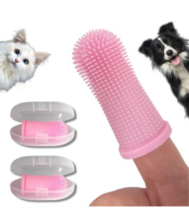 PawsOnlyUK Dog Finger Toothbrush Set of 2 Toothbrush & Storage case Nontoxic Silicone Teeth cleaning Breath Dental care Plaque Off Dog cat Puppy Toothbrush (Pink)