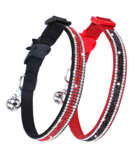 Faleela Cat Collar Breakaway with Bells - 2 Pack Bling Rhinestone cat Collar, Soft Microfiber Leather Safe Adjustable Shing Collar, for Cats and Puppy Girl Boy (7.5-11, Black+red)