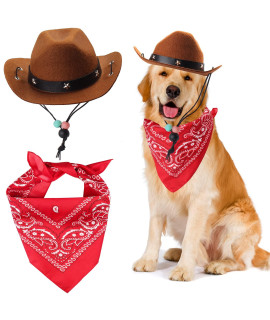 Yewong Pet Cowboy Costume Accessories Dog Cat Pet Size Cowboy Hat and Bandana Scarf West Cowboy Accessories for Puppy Kitten Party Festival and Daily Wearing Set of 2 (Coffee)