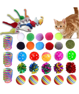 KAYUSITER 48pcs Cat Toys Set Spiral Springs Assorted Cat Balls Crinkle Furry Cat Mouse Toys Catnip for Cats Kittens Interactive