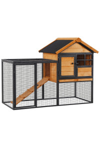 Pawhut Rabbit cage with House, Ramp and Open Area, Light Yellow Wood and Metal Hutch, 122 x 63 x 92 cm