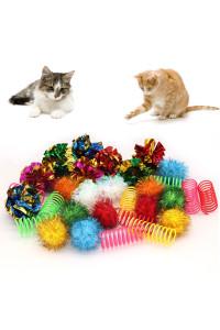 LASOCUHOO Cat Toys, 30PCS Interactive Cat Toy Pack Including Cat Crinkle Balls, Cat Sparkle Balls, Spiral Springs for Most Cats
