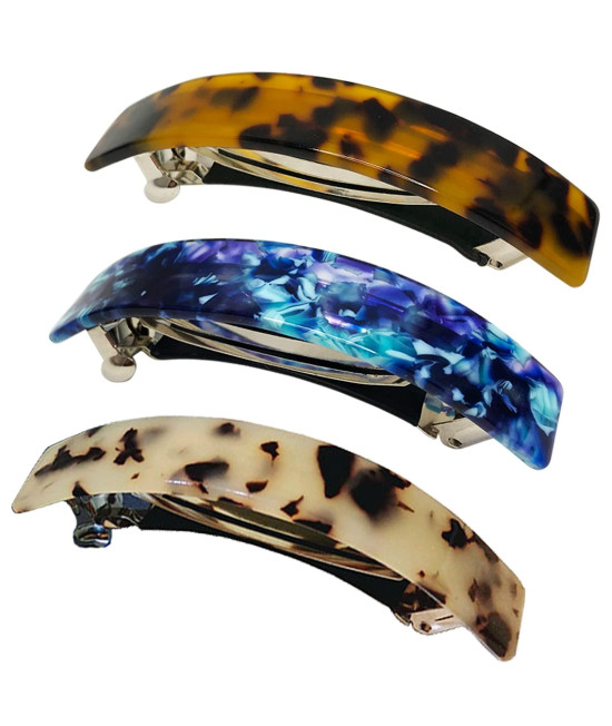 HYFEEL Large French Barrettes for Women Fine Thick Hair, classic Tortoise Shell Hair clips Wide curved celluloid Ponytail Holder clamp Fashion Hair Accessories Automatic clasp Hairgrips 3 Pack