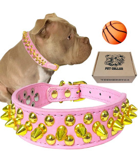teemerryca Pink Leather gold Spiked Studded Dog collar for Female Puppy Small Medium Large Pets,Pit Bulls Bulldog, Keep Dog Safe from grabbing by Huge Dogs, XL 177-205