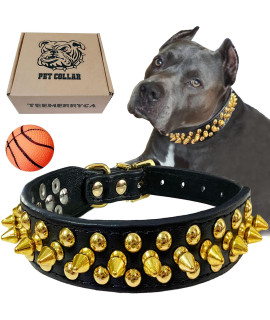 teemerryca Black Leather Dog collar with gold Spikes for Male Small Medium Large Pets, Pit BullsBulldog, Keep Dog Safe from grabbing by Huge Dogs, M(12-15)