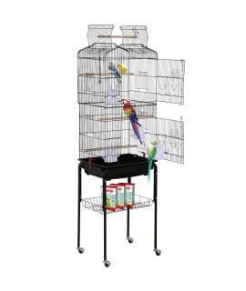 HCY Bird Cage Parakeet 64 inch Open Top Standing Parrot Accessories with Rolling Stand for Medium Small Cockatiel Canary Conure Finches Budgie Lovebirds Pet Storage Shelf, Black, 64x13x17 (Pack of 1)