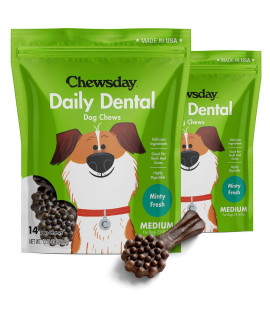Chewsday Medium Minty Fresh Daily Dental Dog Chews, Made in The USA, Natural Highly-Digestible Oral Health Treats for Healthy Gums and Teeth - 28 Count