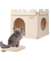 Castle Chinchilla House - Small Animal Hideout for Chinchilla Guinea Pig Hedgehog, or Rat - Ventilated Wooden Hamster Habitat with Multiple Doors - Made from Natural Wood
