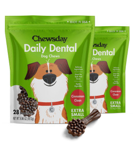 Chewsday Extra-Small Cinnamon Clean Daily Dental Dog Chews, Made in The USA, Natural Highly-Digestible Oral Health Treats for Healthy Gums and Teeth - 56 Count