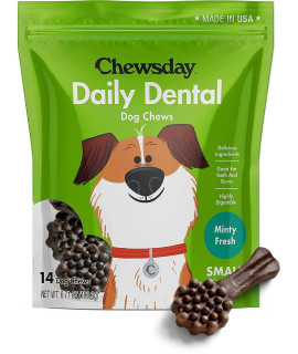 Chewsday Small Minty Fresh Daily Dental Dog Chews, Made in The USA, Natural Highly-Digestible Oral Health Treats for Healthy Gums and Teeth - 14 Count