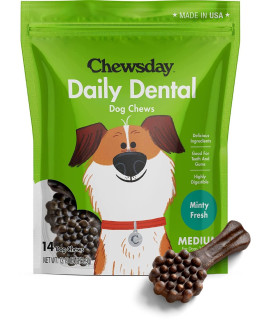 Chewsday Medium Minty Fresh Daily Dental Dog Chews, Made in The USA, Natural Highly-Digestible Oral Health Treats for Healthy Gums and Teeth - 14 Count