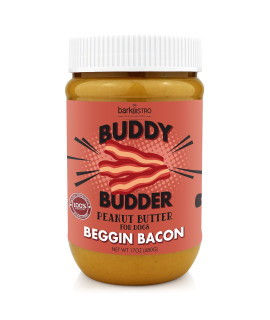 BUDDY BUDDER Bangin Bacon, 100% Natural Dog Peanut Butter, Healthy Peanut Butter Dog Treats, Stuff in Toy, Dog Enrichment, Pill Pocket for Dogs, Made in USA, (17oz Jars)