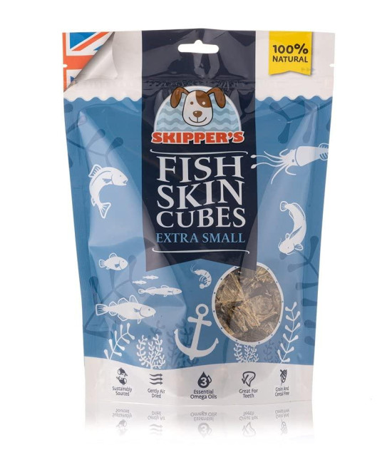 SKIPPERS Fish Skin Jerky cubes - gently Air Dried Dog Treats, Healthy & Natural Treat for Dogs, Hypoallergenic grain Free, High in Protein & Low Fat great for Teeth (cube Size Extra Small, 9Oz)