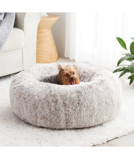 WNPETHOME Calming Dog Bed & Cat Bed, Anti-Anxiety Donut Small Dog Bed, Fluffy Faux Fur Cat Cushion Dog Bed for Small Dogs and Cats (24 x 24 inch, Light Coffee)