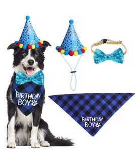 STMK Dog Birthday Party Supplies, Dog Birthday Bandana Boy Girl and Dog Birthday Party Hat with Dog Bow Tie Collar for Medium Large Dogs (Blue, Large)