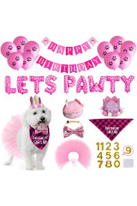STMK Dog Birthday Outfit, Dog Birthday Bandana Girl with Dog Birthday Number Hat Bowtie Tutu Skirt Cake Toy Lets Pawty Paw Balloons Dog Happy Birthday Banner for Dog Puppy Birthday Party Supplies