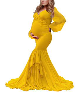 Saslax Long Chiffon Sleeve Tired Mermaid Maternity Dresses for Photoshoot Photography Baby Shower Gown Mustard Yellow 22 Small