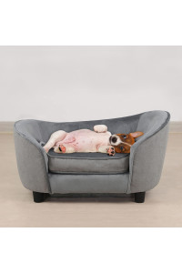 Pet Sofa Bed, Velvet & Linen Fabric Pet Couch Chair with Removeable & Washable Cushion for Small Dogs Cats (Light Gray)