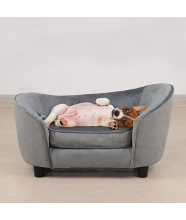 Pet Sofa Bed, Velvet & Linen Fabric Pet Couch Chair with Removeable & Washable Cushion for Small Dogs Cats (Light Gray)