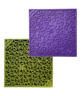 SodaPup Purple Bones green Jigsaw eMat Bundle - Durable Lick Mat Feeder Made in USA from Non-Toxic, Pet-Safe, Food Safe Rubber for Avoiding Overfeeding, Digestive Health, calming, More