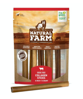 Natural Farm Collagen Sticks 6-Inch Dog Chews - Odor-Free, 95% Natural Collagen Supports Healthy Joints, Skin & Coat - Small, Medium Dogs - Lasts 20% More (6 inch, 5 Pack)
