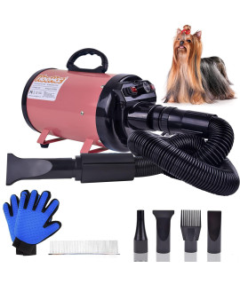 Dog Dryer, High Velocity Dog Hair Dryer, Dog Blow Dryer - Groomer Partner Pet Blower Grooming Force Dryer with Heater, Stepless Adjustable Speed, 4 Different Nozzles, Comb & Pet Grooming Glove (Pink)