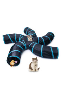 EGETOTA Cat Tunnel for Indoor Cats Large, with Play Ball S-Shape 5 Way Collapsible Interactive Peek Hole Pet Tube Toys, Puppy, Kitty, Kitten, Rabbit (Blue & Black)