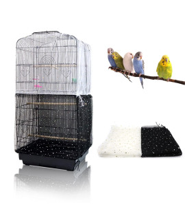 Daoeny 2Pcs Adjustable Bird Cage Cover, Upgraded Airy Nylon Mesh Parrot Net with Sequins, Universal Seed Feather Catcher, Soft Birdcage Cover Skirt Sheer Guard for Parakeet Macaw Round Square Cages