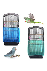 Daoeny 2Pcs Universal Bird Cage Cover, Adjustable Seed Feather Catcher, Soft Airy Nylon Mesh Parrot Net, Birdcage Cover Skirt Sheer Guard for Round Square Cages (Green+ Blue)