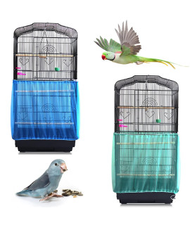 Daoeny 2Pcs Universal Bird Cage Cover, Adjustable Seed Feather Catcher, Soft Airy Nylon Mesh Parrot Net, Birdcage Cover Skirt Sheer Guard for Round Square Cages (Green+ Blue)