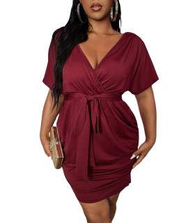Romwe Womens Plus Size Short Sleeve Surplice Deep V Belted Ruched Mini Bodycon Dress Burgundy 3XL