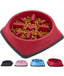 Gorilla Grip 100% BPA Free Slow Feeder Cat and Dog Bowl, Slows Down Pets Eating, Prevents Overeating, Puppy Training, Large, Small Breeds, Fun Puzzle Design, Wet Dry Food, Cats, Dogs 4 Cups, Red