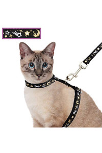 Cat Harness and Leash Set for Outdoor Walking Escape Proof Adjustable Soft Safety Strap with Golden Star and Moon Design Glow in The Dark Black Large