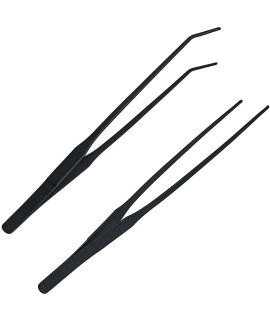 2 Pcs Feeding Tongs, Aquarium Tweezers Stainless Steel Straight and Curved Tweezers Set 27cm/10.6 inches Aquascaping Tools for Hold Worms, Reptiles, Lizards, Bearded Dragon (Black)