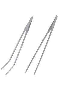2 Pcs Feeding Tongs, Aquarium Tweezers Stainless Steel Straight and Curved Tweezers Set 27cm/10.6 inches Aquascaping Tools for Hold Worms, Reptiles, Lizards, Bearded Dragon (Silver)