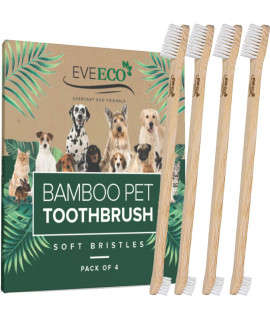 EveEco 4-Pack Bamboo Dog & Pet Toothbrushes - 2 Brush Heads Large & Small with Extra Long 8.5 Use with Toothpaste to Eliminate Cavities, Bad Breath, Tartar for Puppies, Cats, Kittens
