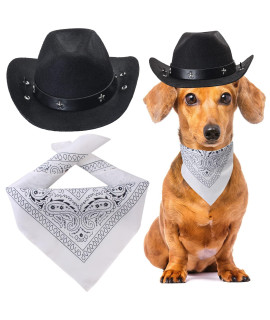 Yewong Pet Cowboy Costume Accessories Dog Cat Pet Size Cowboy Hat and Bandana Scarf West Cowboy Accessories for Puppy Kitten Party Festival and Daily Wearing Set of (Black hat+White Bandana)