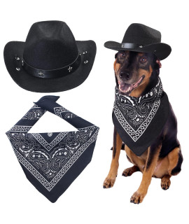 Yewong Pet Cowboy Costume Accessories Dog Cat Pet Size Cowboy Hat and Bandana Scarf West Cowboy Accessories for Puppy Kitten Party Festival and Daily Wearing Set of (Black hat+Black Bandana)