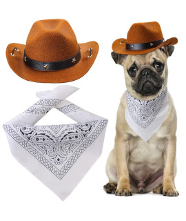 Yewong Pet Cowboy Costume Accessories Dog Cat Pet Size Cowboy Hat and Bandana Scarf West Cowboy Accessories for Puppy Kitten Party Festival and Daily Wearing Set of (Coffee hat+White Bandana)