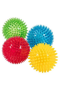 dipperdap 3.5? Spikey Dog Balls (4 Pack) Squeaky Dog Toys Cleans Teeth for Healthier Gums Non-Toxic BPA-Free for Aggressive Chewers Spikey Balls in Red, Blue, Yellow, and Green