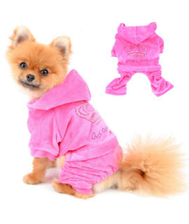 SEIMAI Dog Hoodies Jumpsuit for Small Dog Cat Puppy Rhinestone Crown Soft Velvet Autumn Winter Hooded Pajamas Tracksuit Outfits Sportswear Jacket with Hat Training Outdoor Pink M