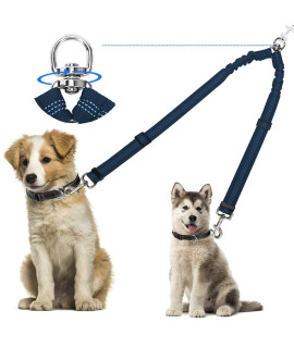 Kelivi Double Dog Lead coupler, No Tangle 360ASwivel Rotation Two 2 Dog Lead Splitter, Heavy Duty Adjustable Bungee Reflective Dual Dog Leash for Walking Puppy Small Medium Large Dog (Blue)