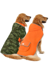 HDE Reversible Dog Raincoat Hooded Slicker Poncho Rain Coat Jacket for Small Medium Large Dogs Camo Orange - L