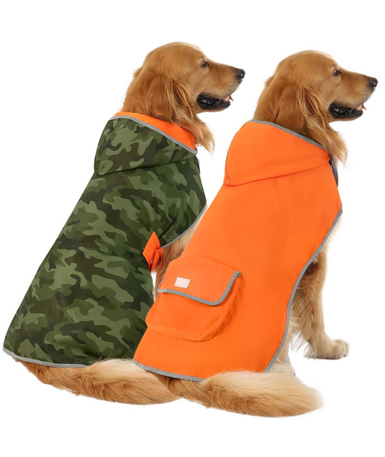 HDE Reversible Dog Raincoat Hooded Slicker Poncho Rain Coat Jacket for Small Medium Large Dogs Camo Orange - L