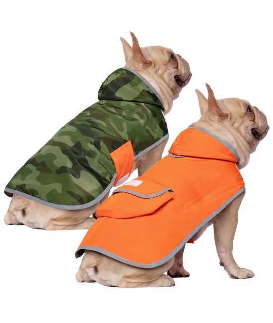 HDE Reversible Dog Raincoat Hooded Slicker Poncho Rain Coat Jacket for Small Medium Large Dogs Camo Orange - M